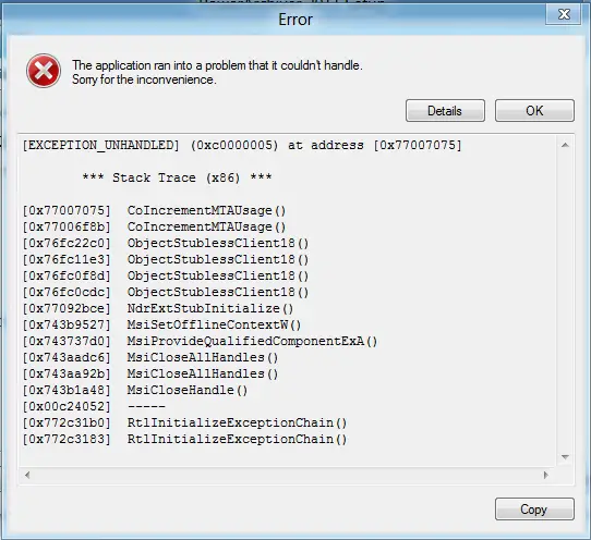 EXCEPTION_UNHANDLED] (0xc0000005) at address [0x77007075